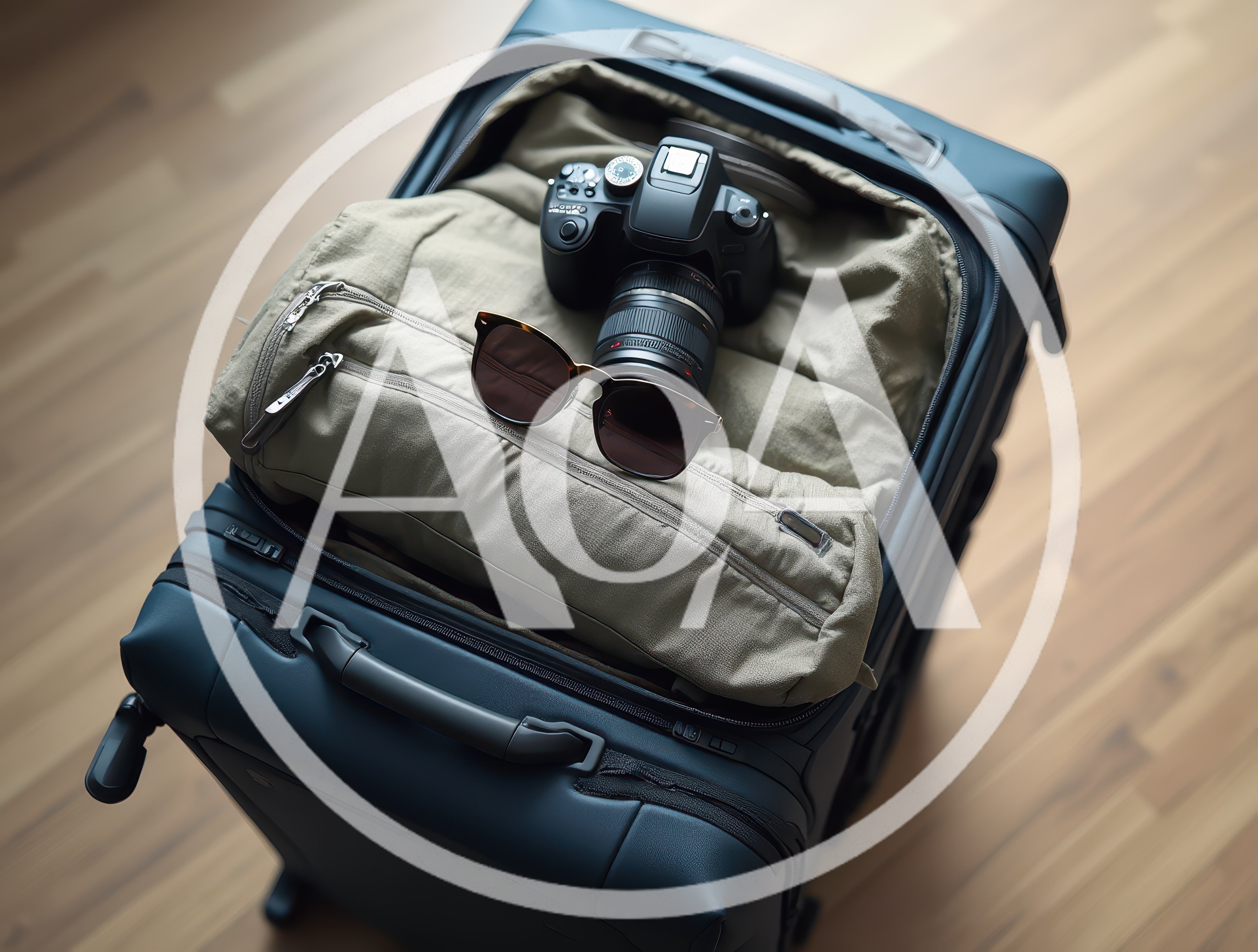 Travel Suitcase Packed With Camera And Sunglasses