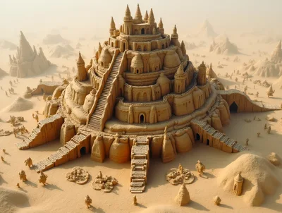 Intricate Sandcastle City In A Vast Desert Landscape