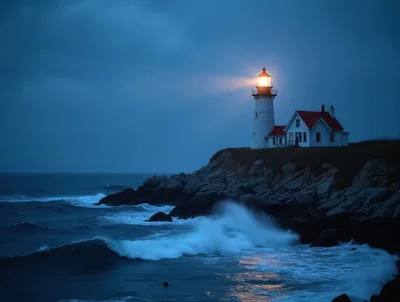 Pemaquid Point Lighthouse At Dusk With Crashing Waves