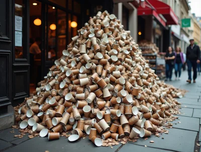 Large Pile Of Discarded Paper Coffee Cups On Sidewalk