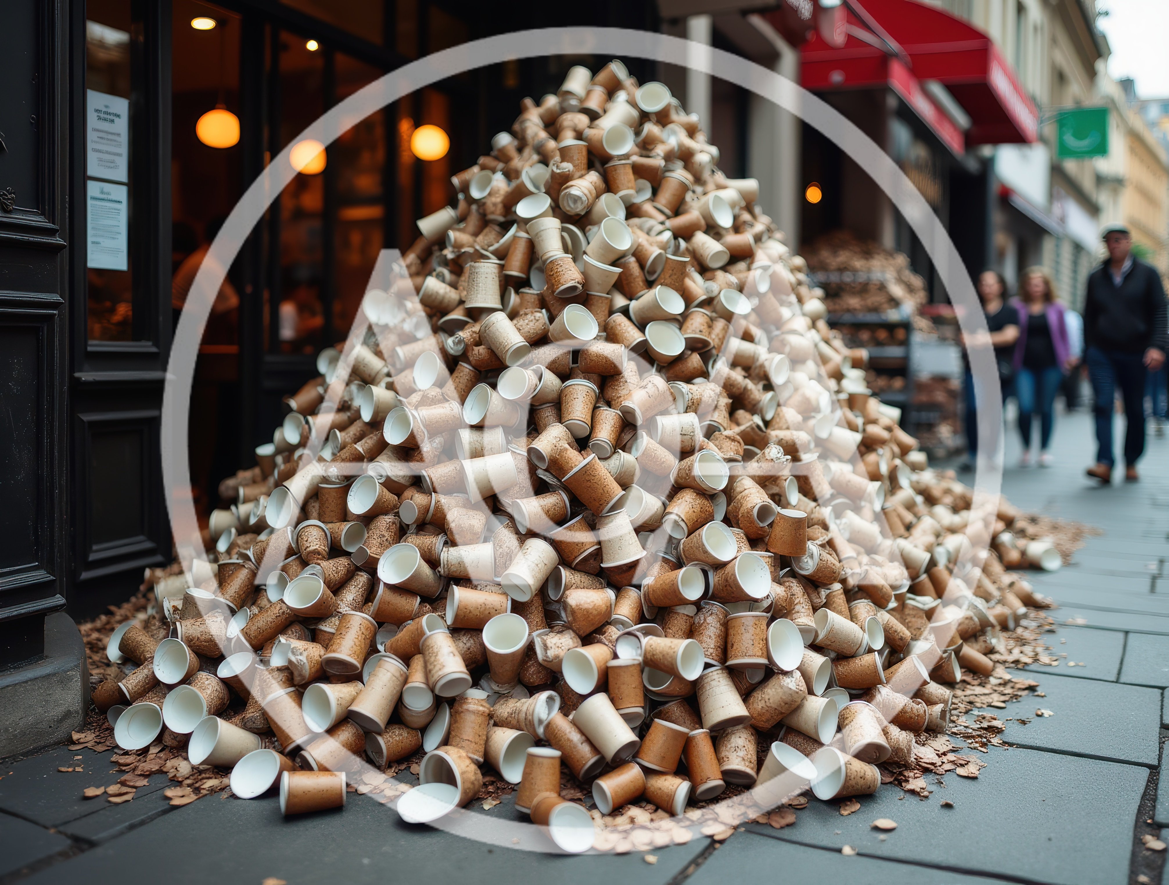 Large Pile Of Discarded Paper Coffee Cups On Sidewalk
