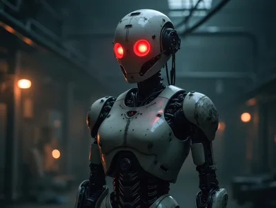 Futuristic Android Robot Standing In Dark Industrial Facility