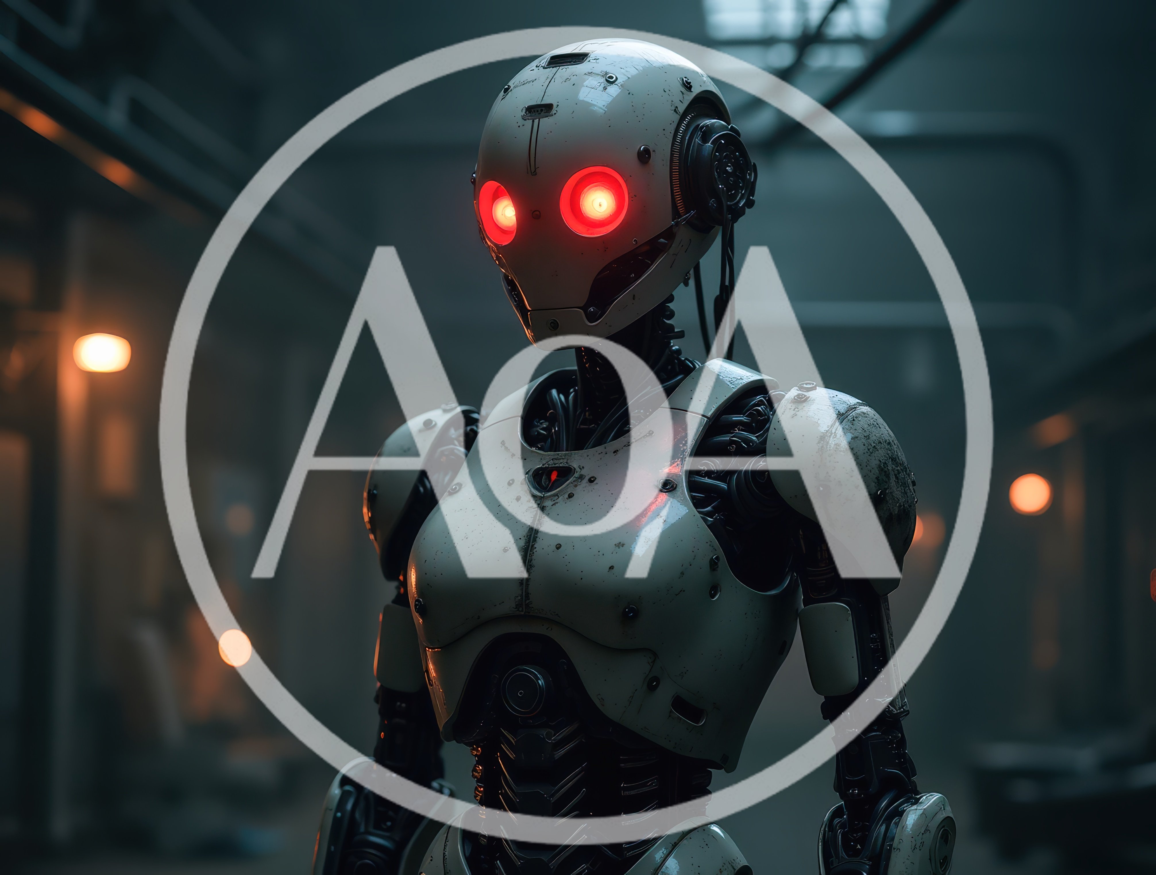 Futuristic Android Robot Standing In Dark Industrial Facility