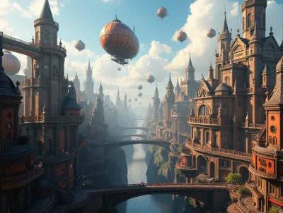 Steampunk Fantasy City With Floating Airships Over River