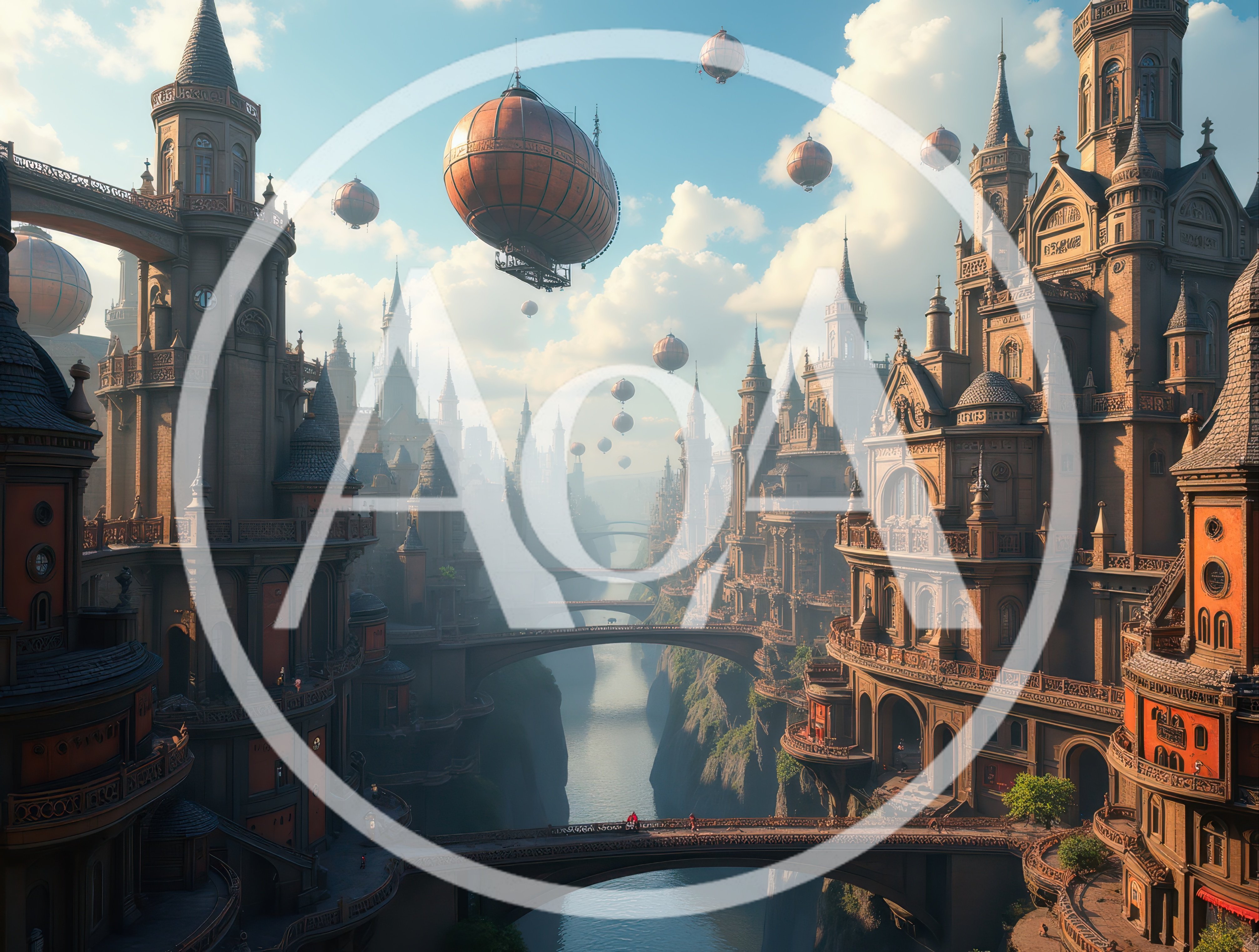 Steampunk Fantasy City With Floating Airships Over River