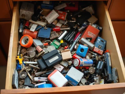 Cluttered Junk Drawer Filled With Miscellaneous Household Items