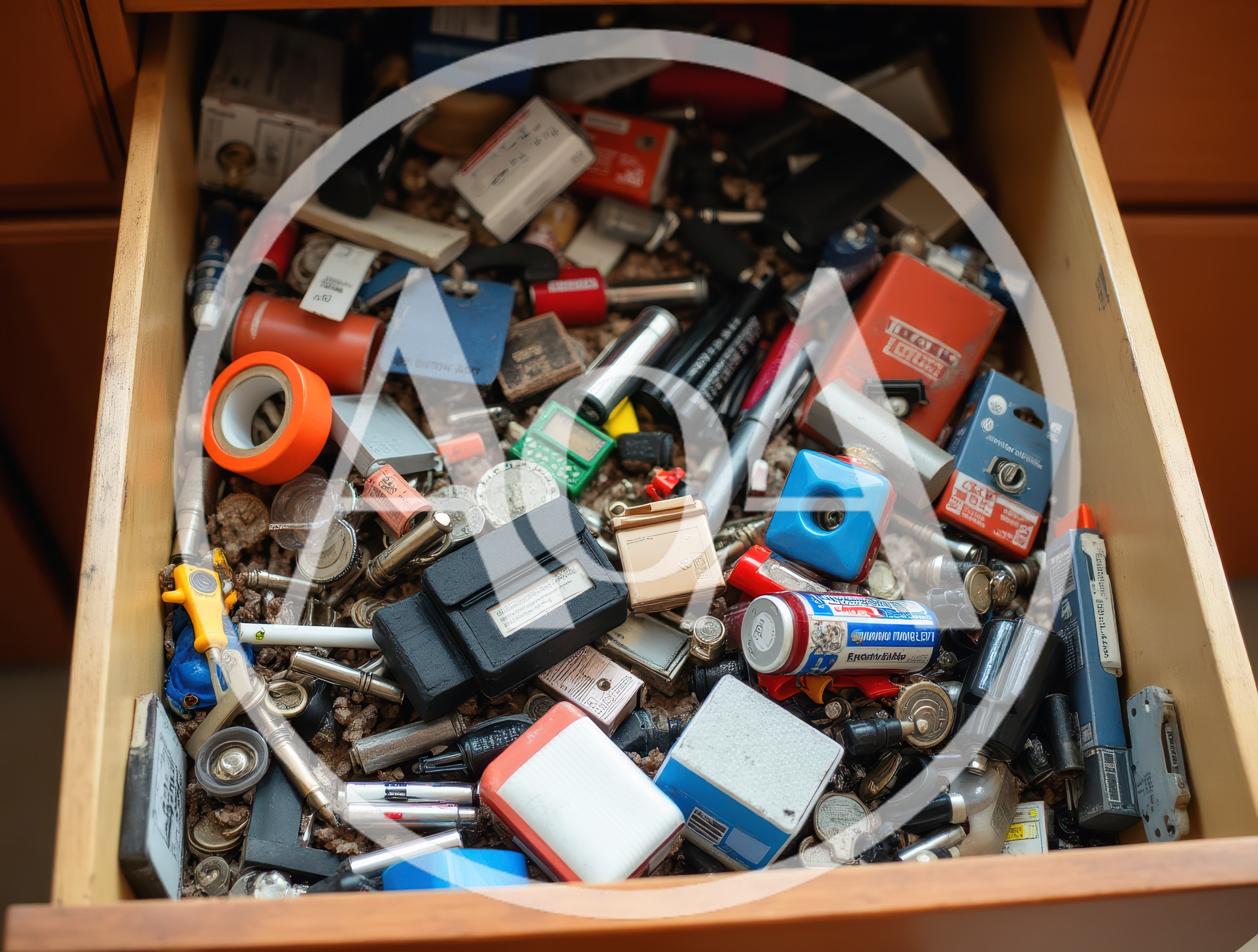 Cluttered Junk Drawer Filled With Miscellaneous Household Items