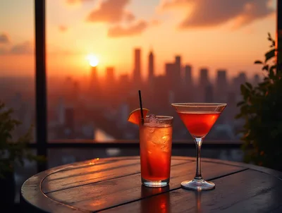 Two Cocktails on a Rooftop Terrace at Sunset