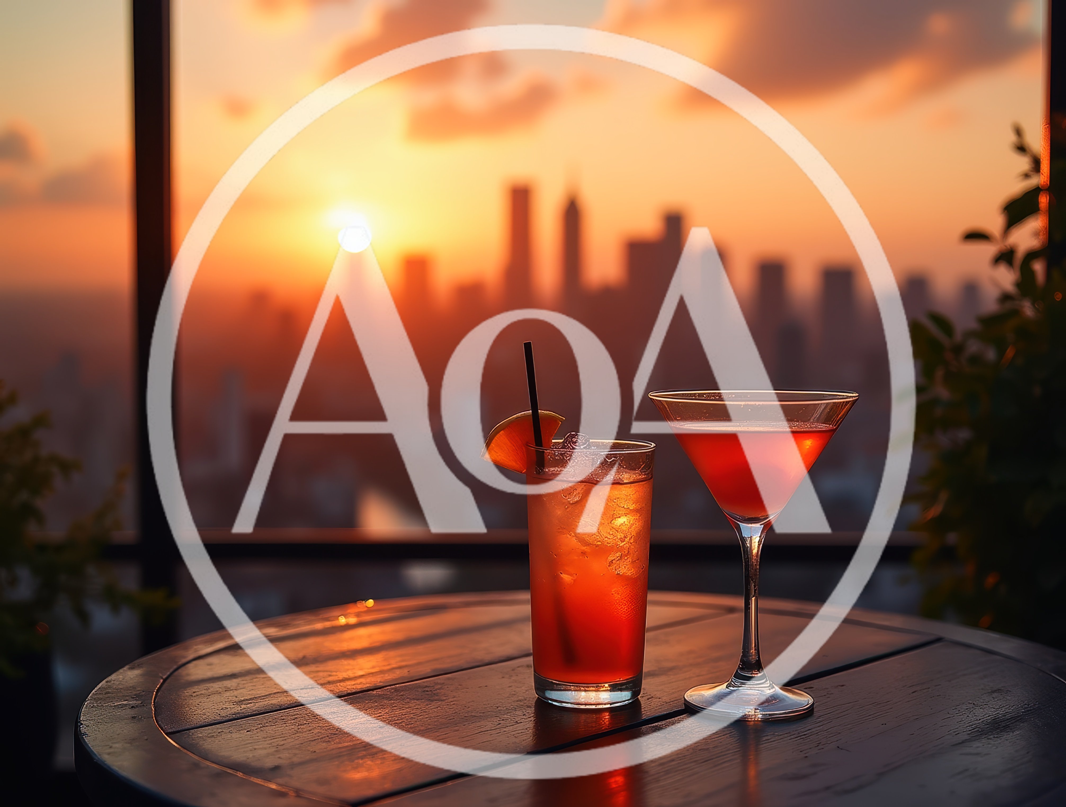 Two Cocktails on a Rooftop Terrace at Sunset