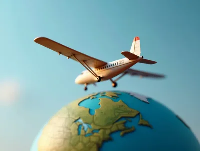 Miniature Airplane Flying Over A Stylized Globe