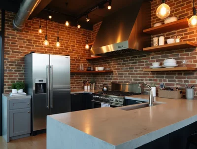Modern Industrial Kitchen With Exposed Brick Walls