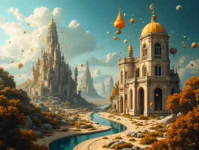 Fantasy Kingdom With Floating Balloons And Ancient Architecture
