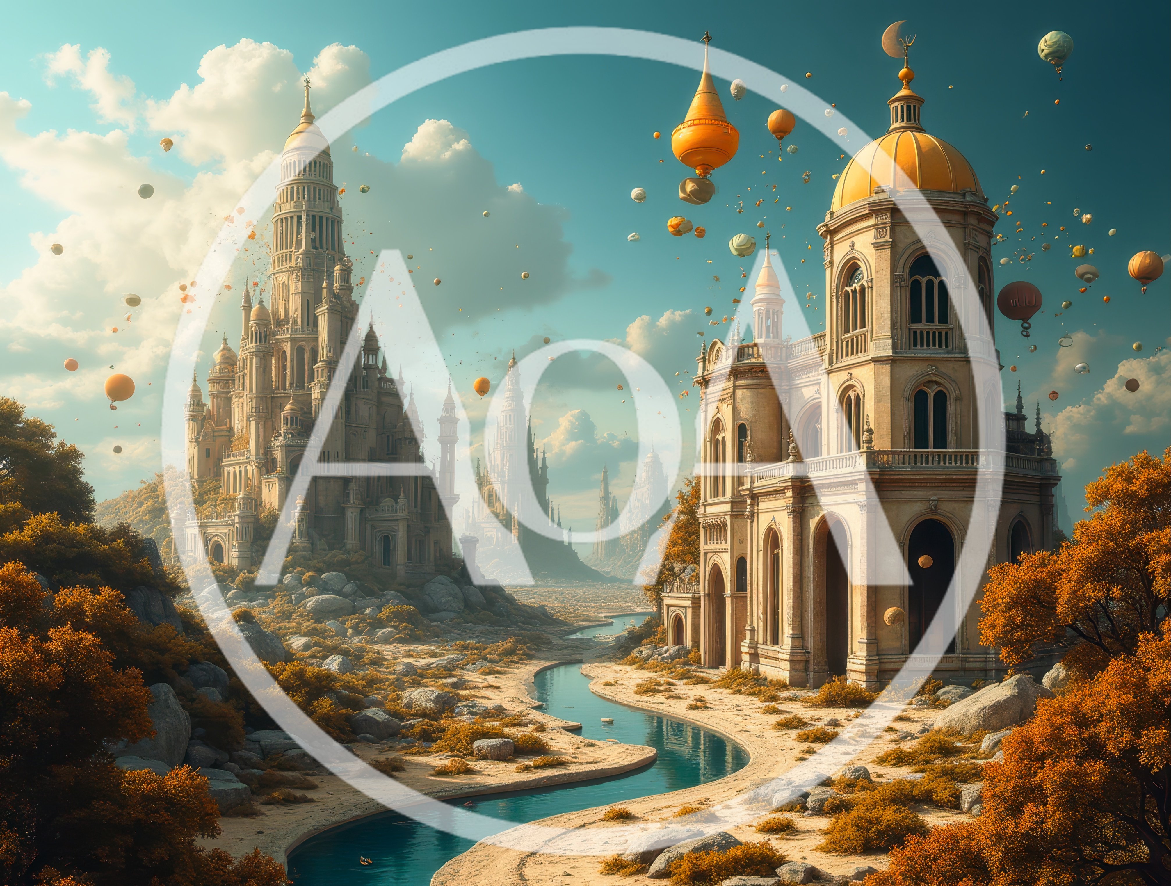 Fantasy Kingdom With Floating Balloons And Ancient Architecture