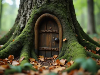 Miniature Fairy Door Built Into A Mossy Tree Trunk