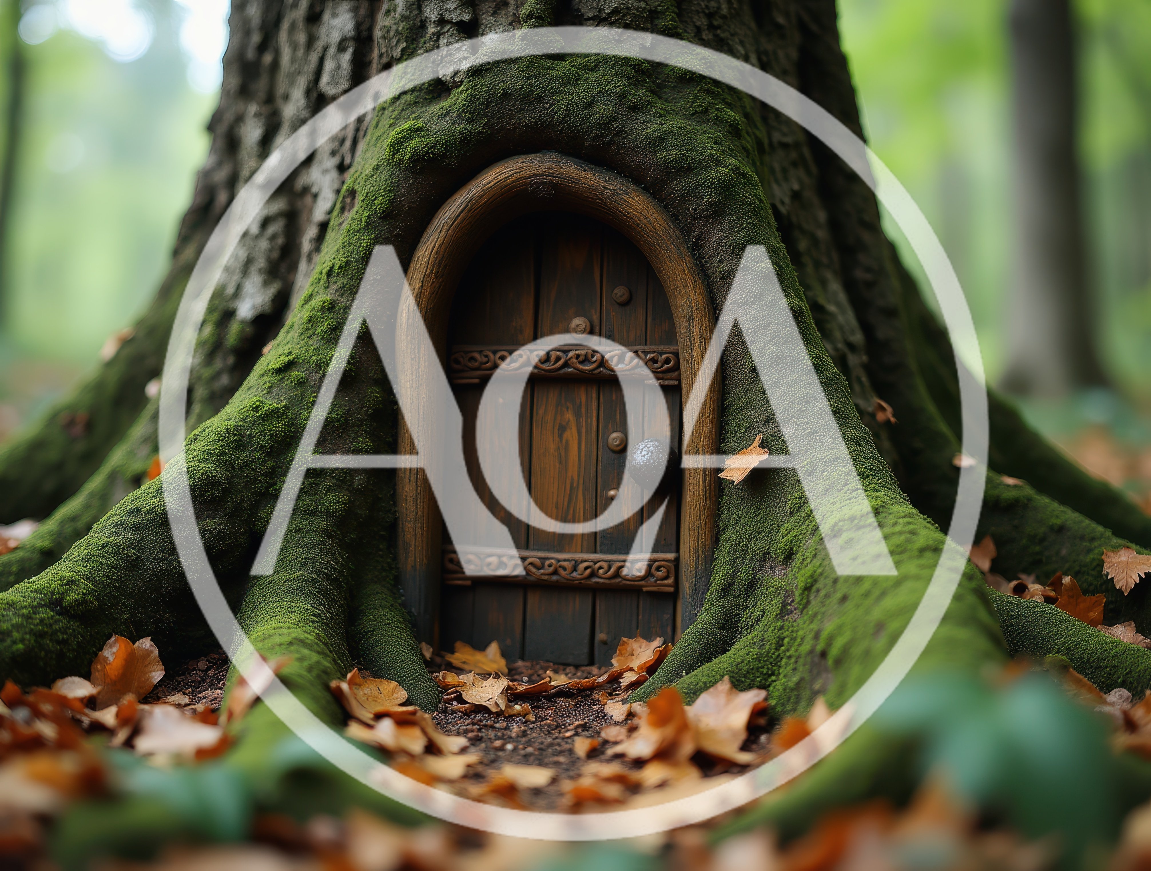 Miniature Fairy Door Built Into A Mossy Tree Trunk