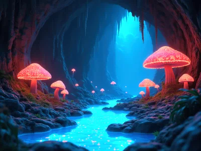 Bioluminescent Mushrooms Growing Along A Glowing Underground River