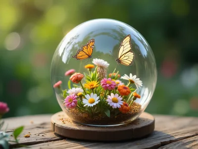 Two Butterflies Inside A Glass Terrarium With Flowers