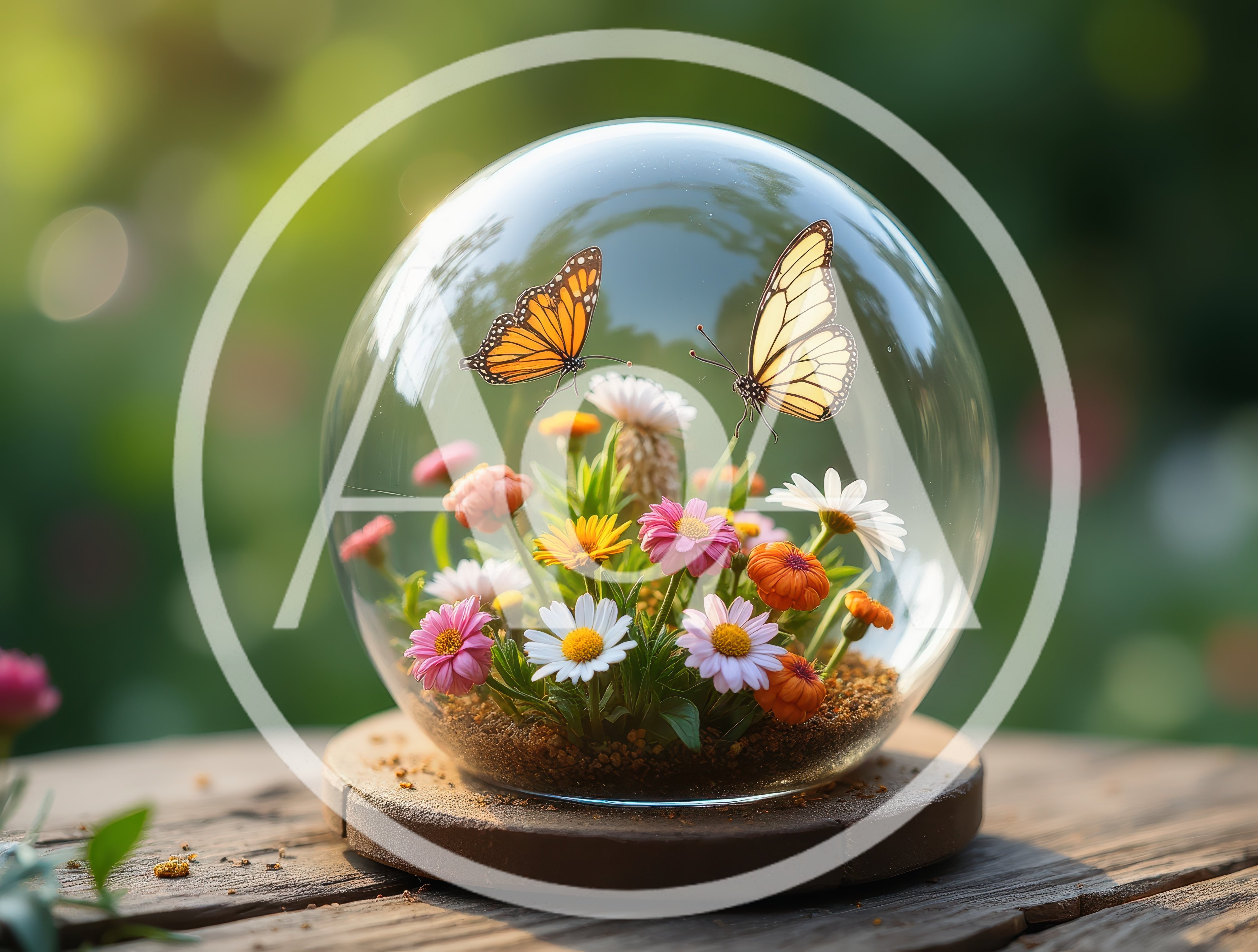 Two Butterflies Inside A Glass Terrarium With Flowers