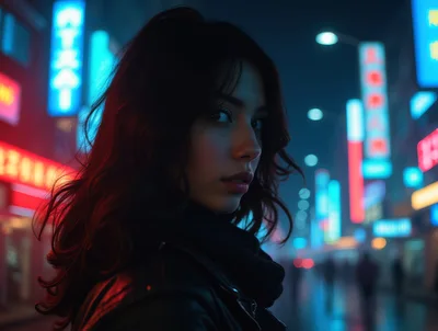 Young Woman Looking Back In Neon Lit City Street
