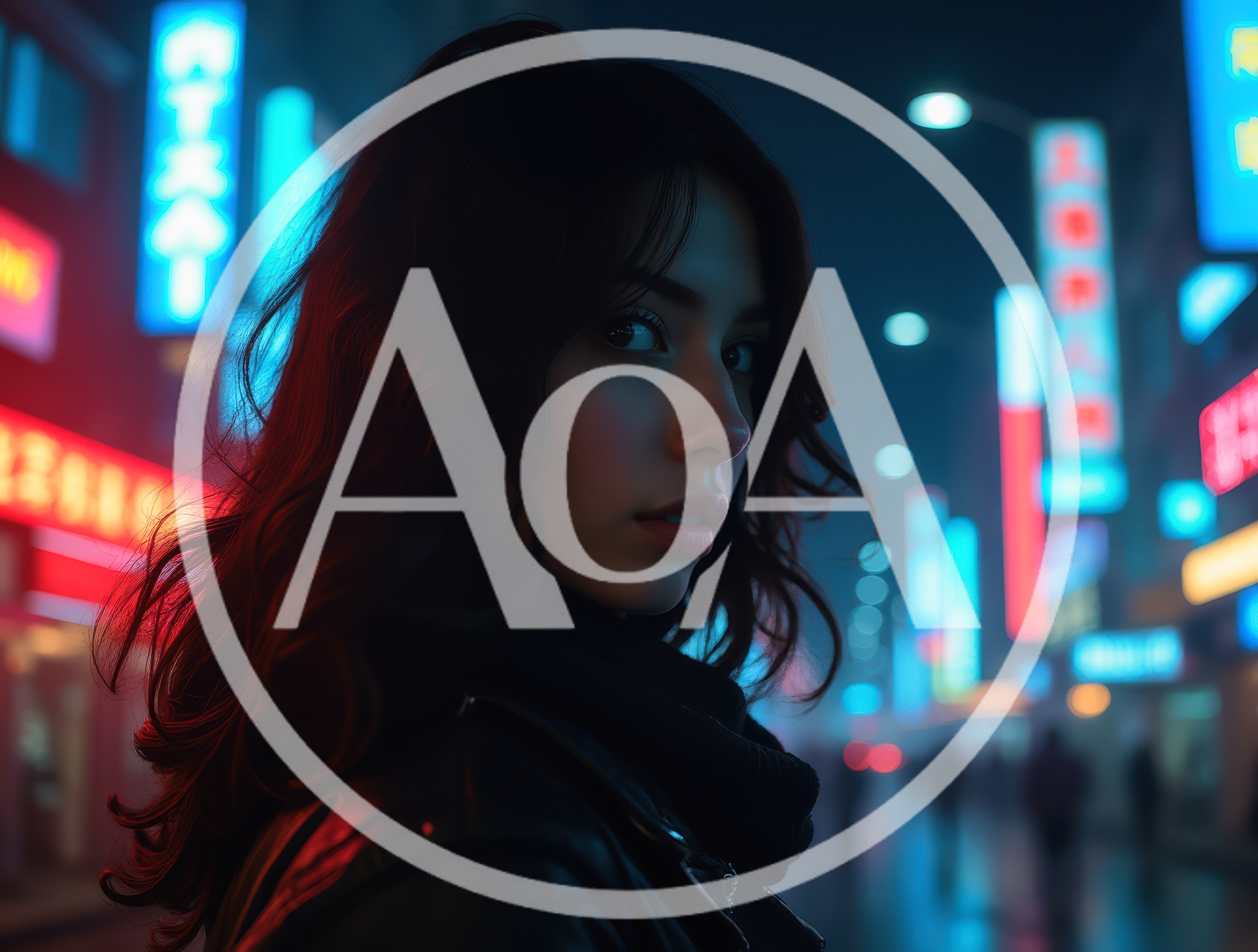 Young Woman Looking Back In Neon Lit City Street