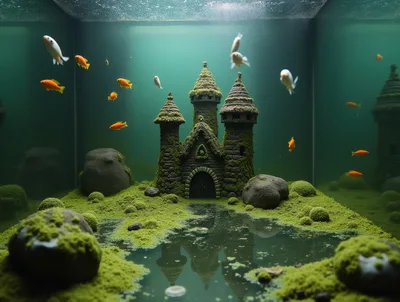Miniature Mossy Castle Aquarium With Swimming Goldfish