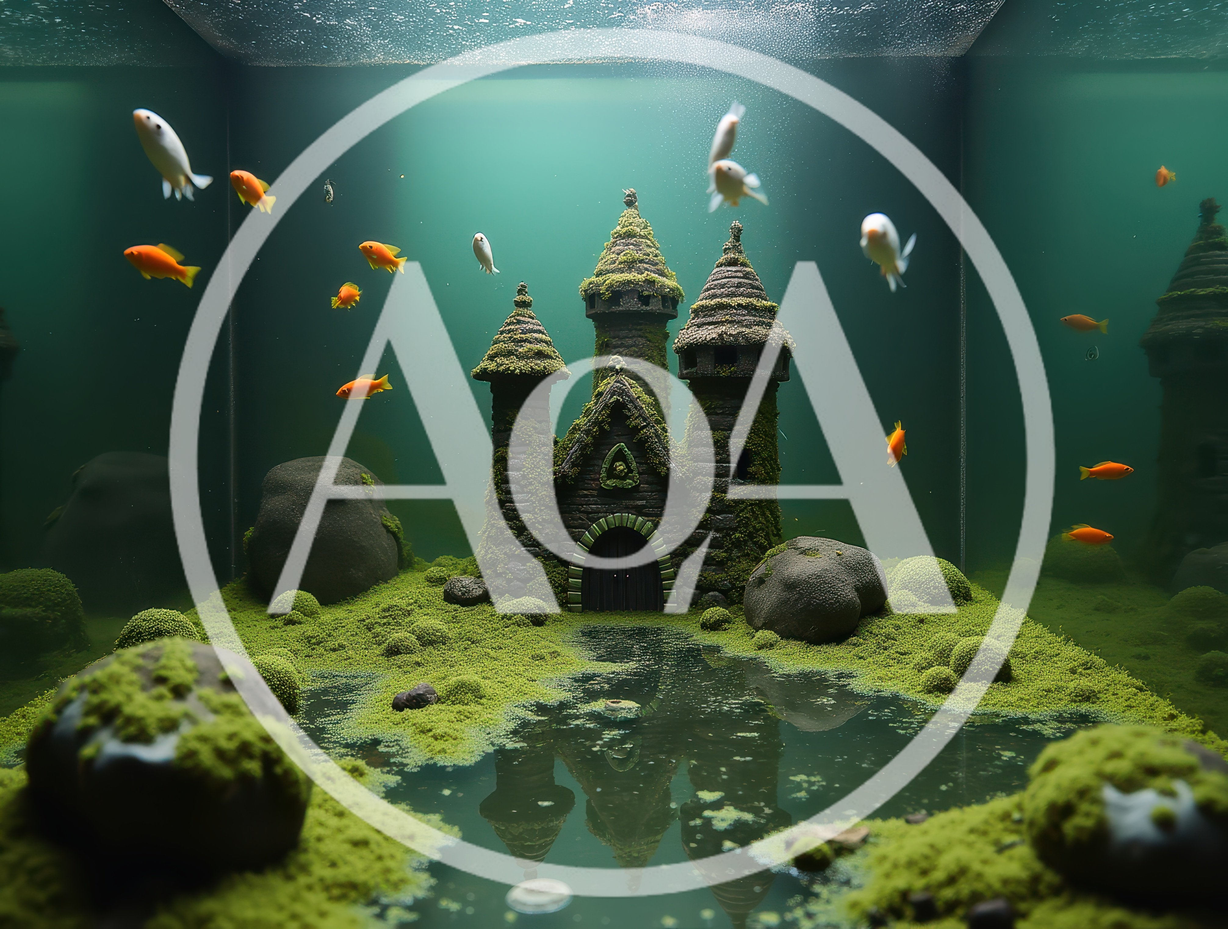 Miniature Mossy Castle Aquarium With Swimming Goldfish