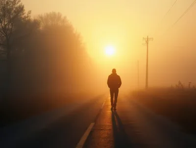 Silhouette Of A Man Walking Down A Foggy Road