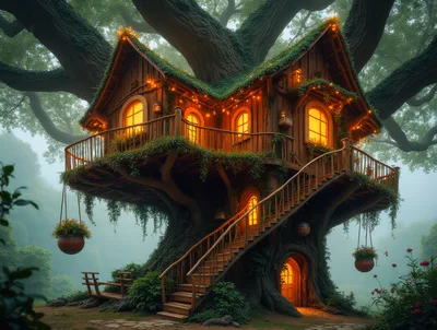 Enchanted Wooden Treehouse In A Misty Forest