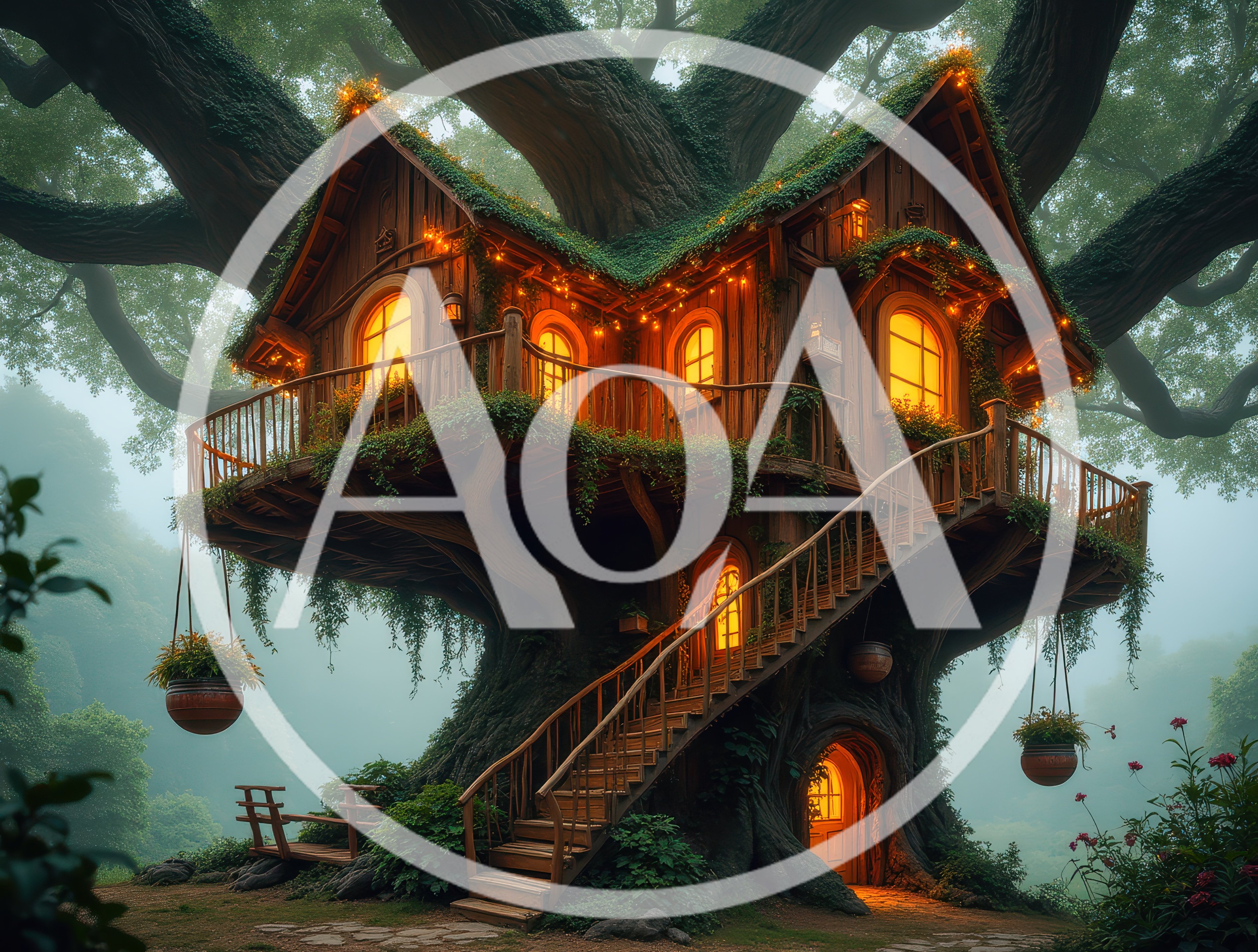 Enchanted Wooden Treehouse In A Misty Forest