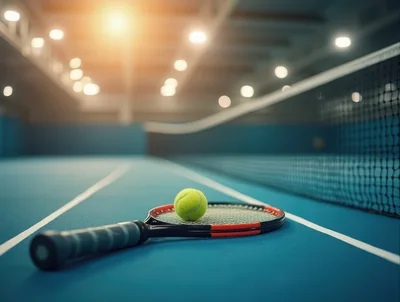 Tennis Racket and Ball on Indoor Court