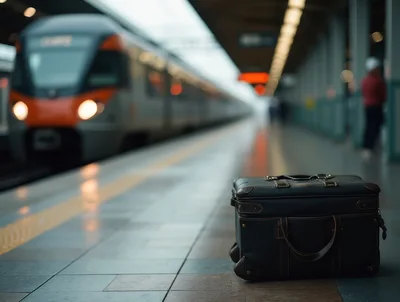 Vintage Leather Suitcase Sitting On A Train Platform