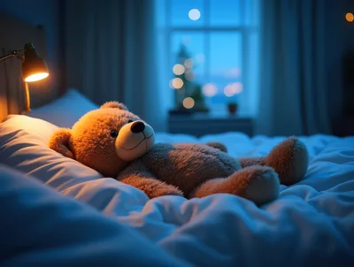 Teddy Bear Resting On A Bed At Night