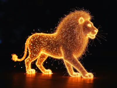 Glowing Particle Lion Walking In Dark Space