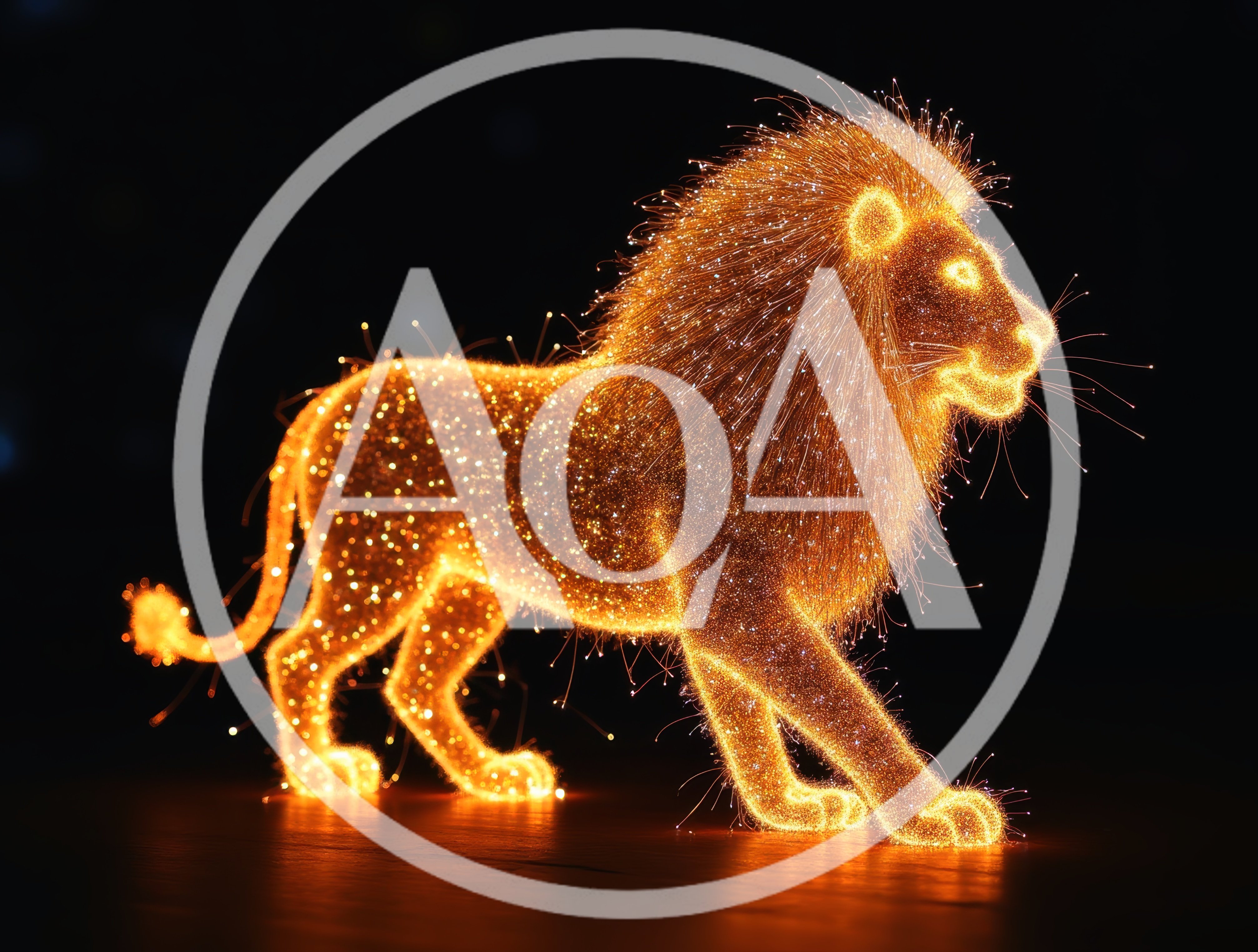 Glowing Particle Lion Walking In Dark Space