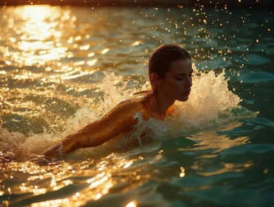 Woman With Golden Skin Swimming In Ocean At Sunset