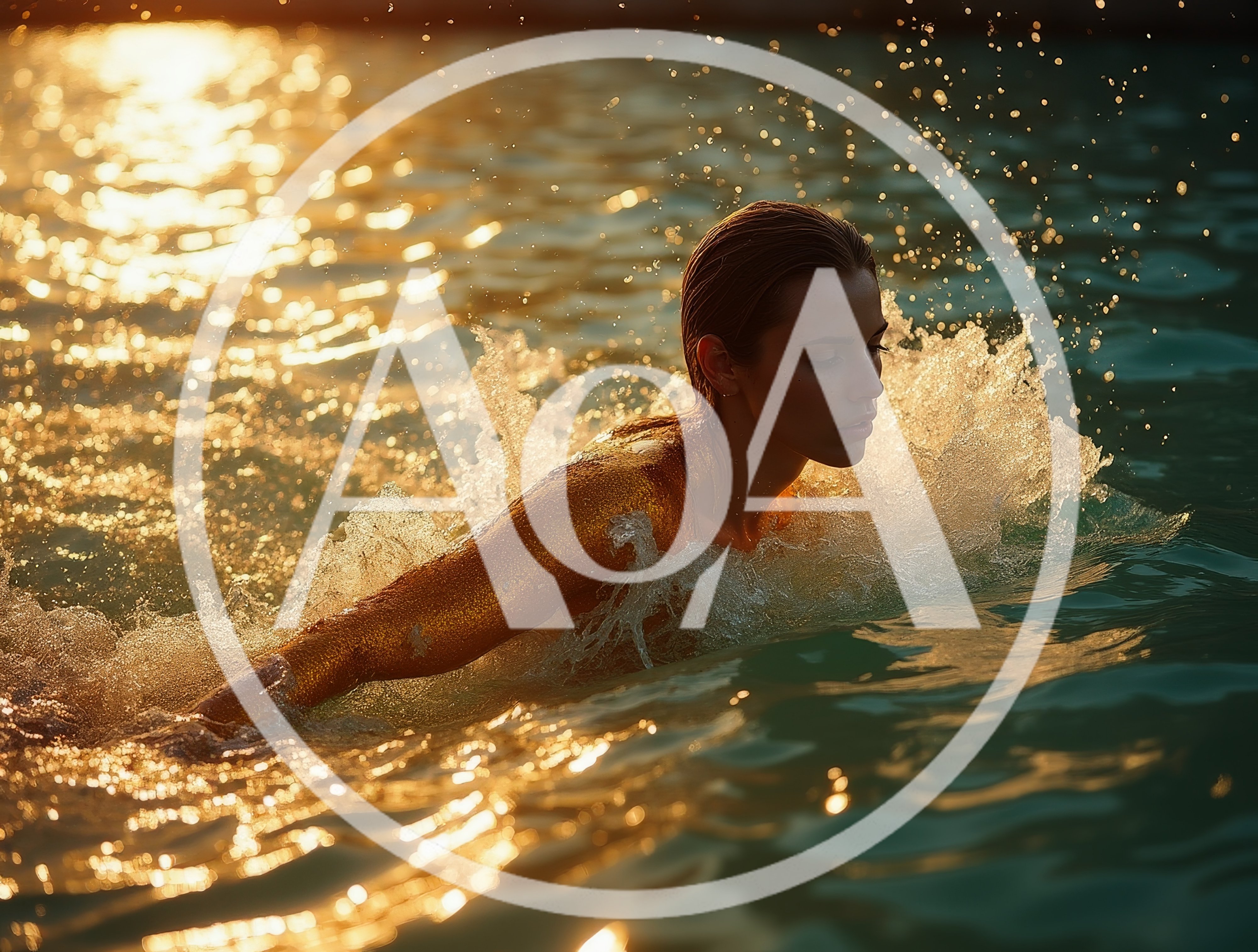Woman With Golden Skin Swimming In Ocean At Sunset