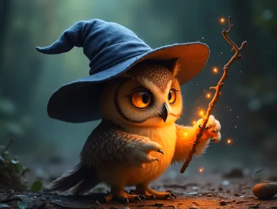 Cute Baby Owl Wizard Holding A Glowing Magic Wand