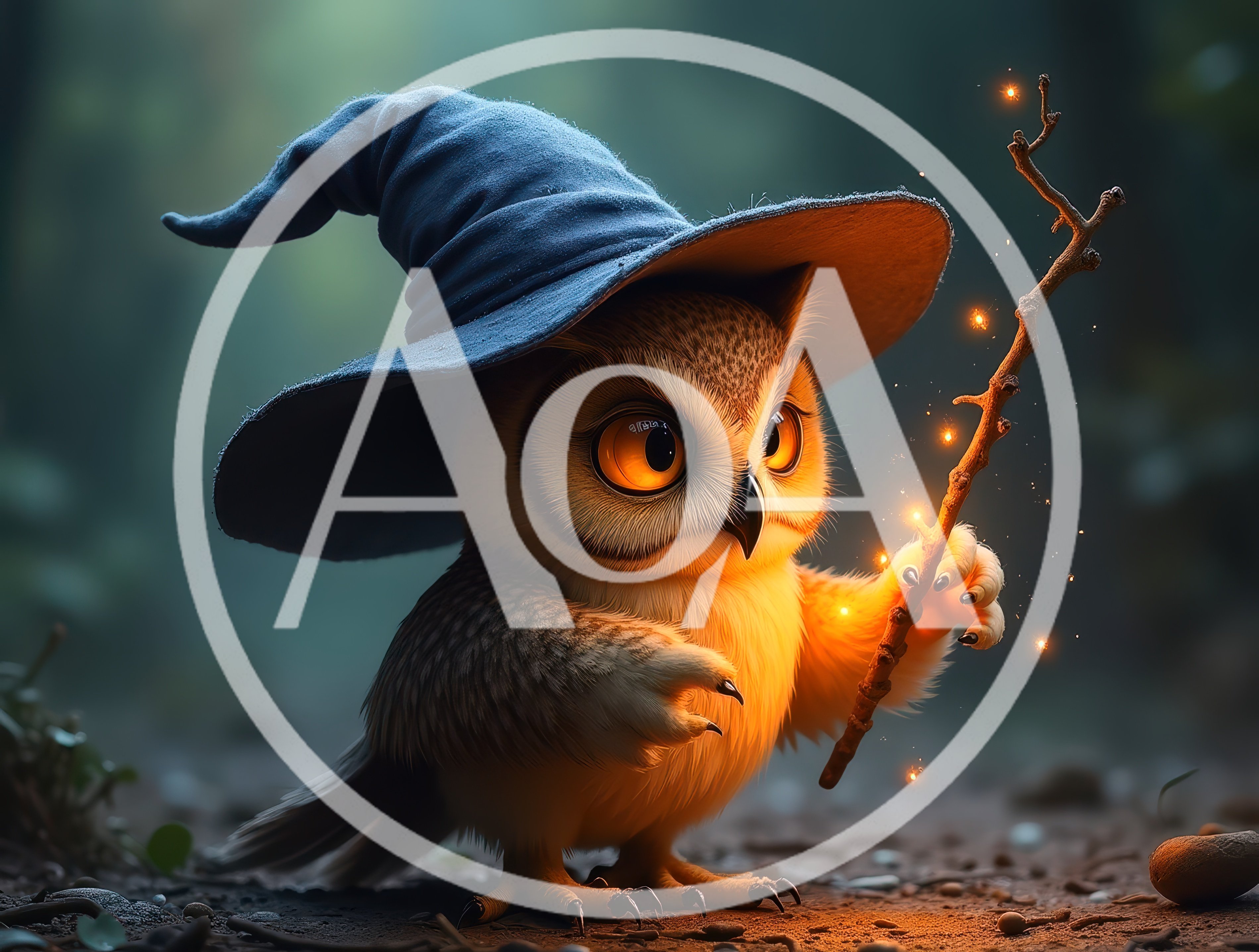 Cute Baby Owl Wizard Holding A Glowing Magic Wand