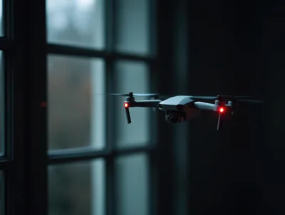 Small Drone Hovering Indoors Near Window