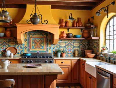 Rustic Mediterranean Kitchen Interior With Ornate Tile Backsplash