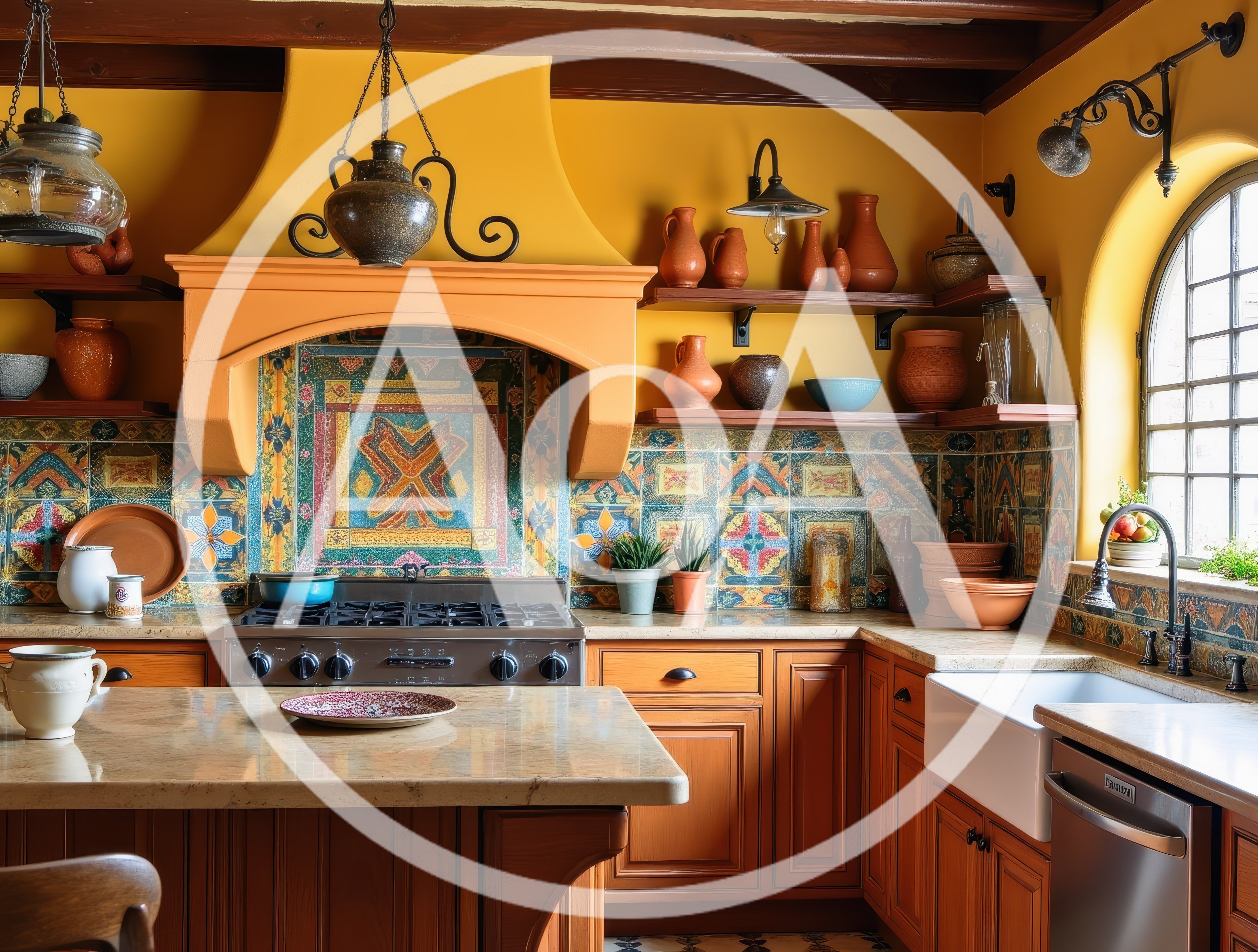 Rustic Mediterranean Kitchen Interior With Ornate Tile Backsplash