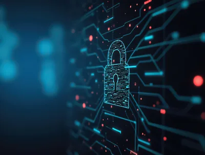Digital Security Padlock Icon With Circuit Board Background