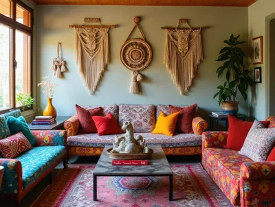 Bohemian Living Room With Macrame Wall Decor