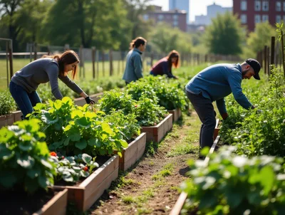 Community Volunteers Tending To Urban Garden Raised Beds