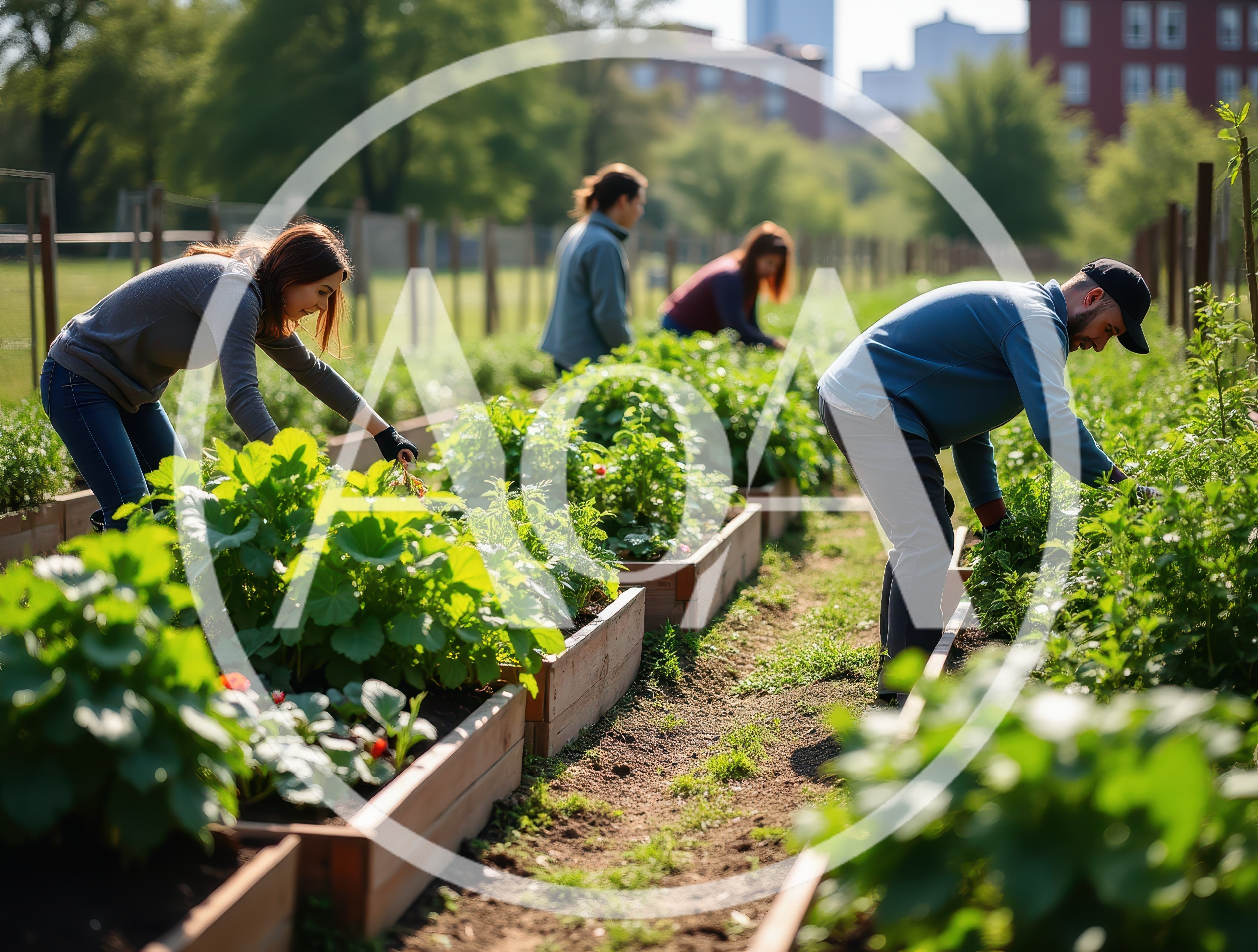 Community Volunteers Tending To Urban Garden Raised Beds