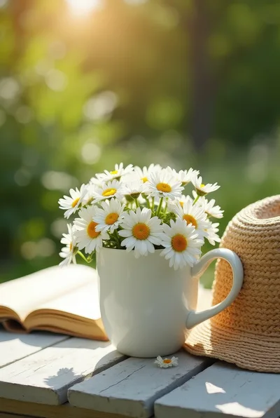 Daisies in a White Mug with a Straw Hat