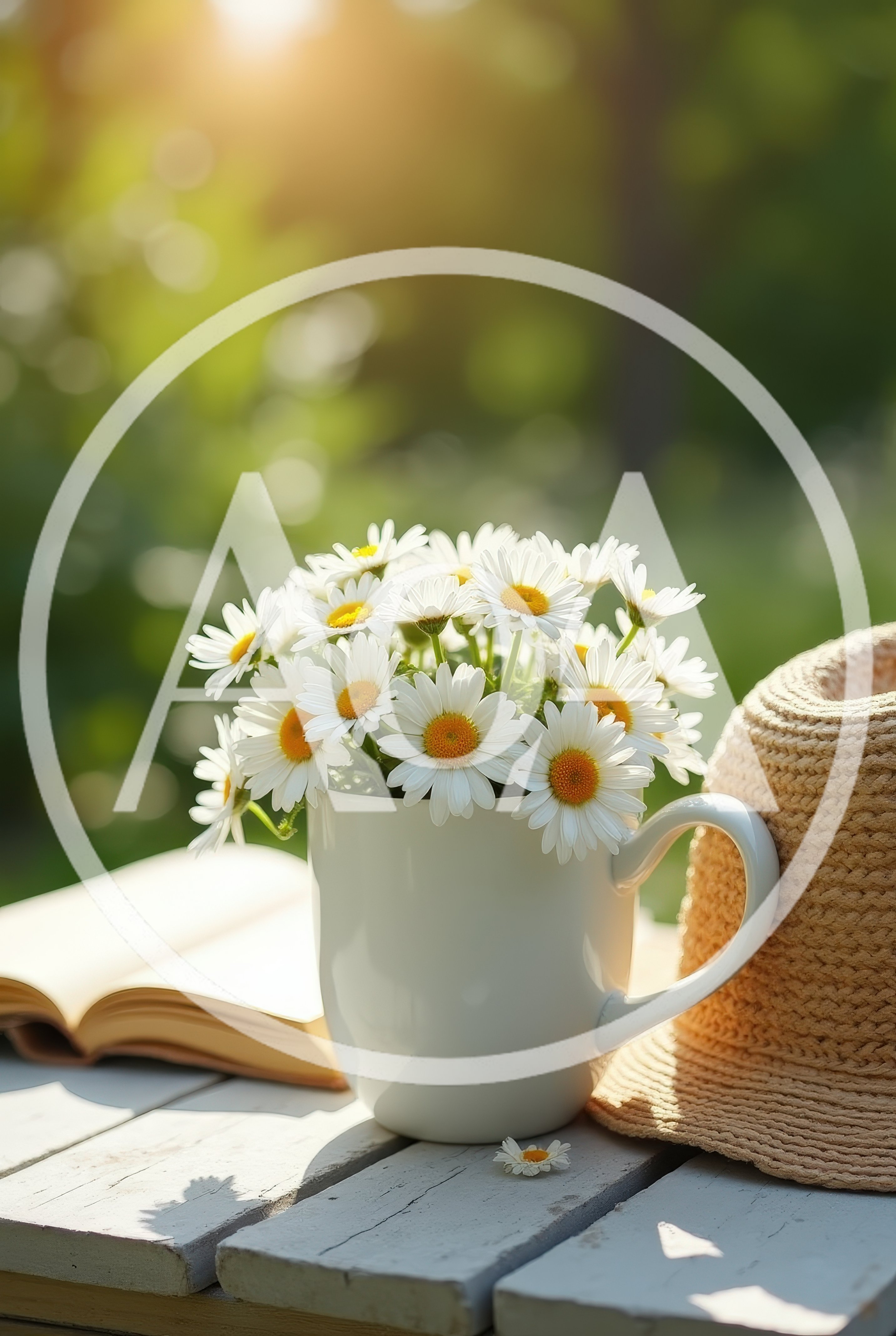 Daisies in a White Mug with a Straw Hat