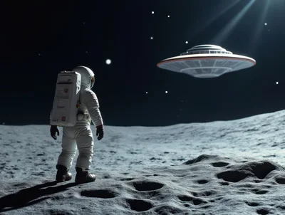 Astronaut Encountering A Flying Saucer On The Moon