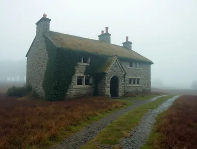 Old Stone Cottage In Misty Moorland Landscape