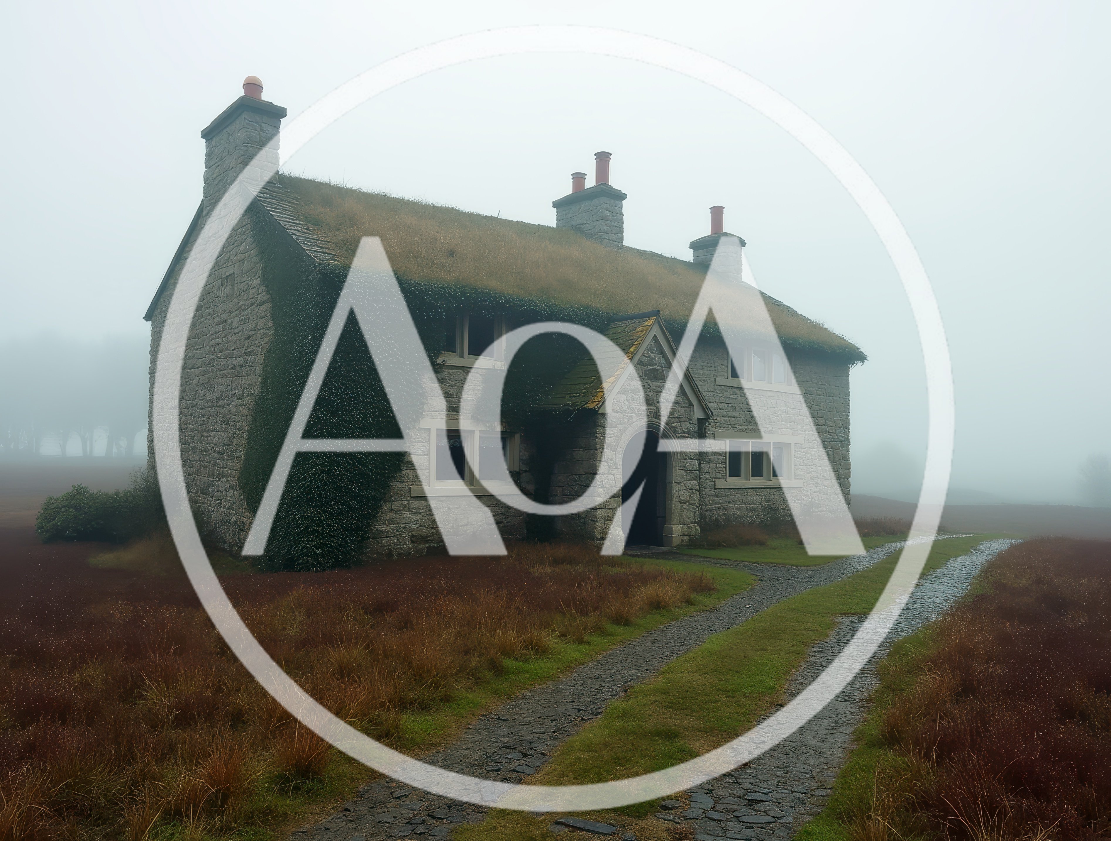 Old Stone Cottage In Misty Moorland Landscape